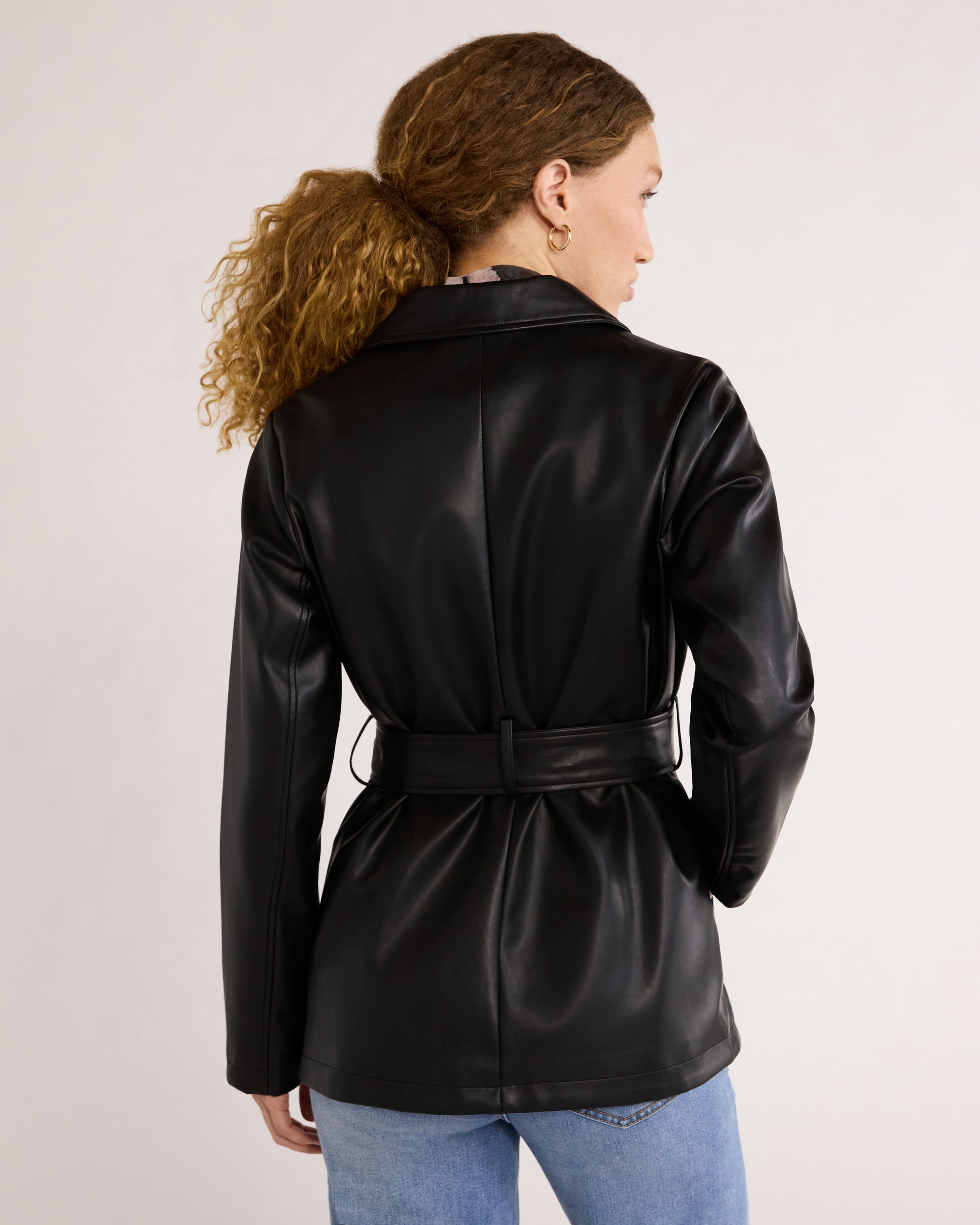 Time and Tru Women's and Women's Plus Faux Leather Cropped Belted Trench, Sizes XS-3X