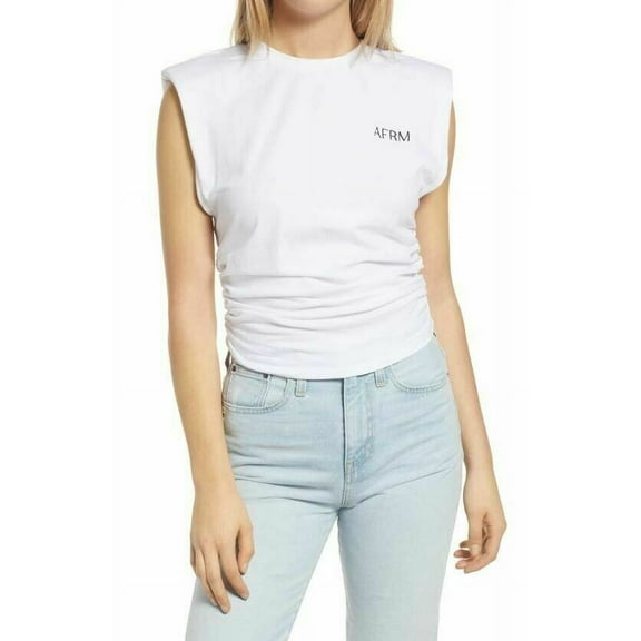 AFRM Bille Side Ruched Shoulder Pads Cropped Muscle Tank Top in White XS, NWT