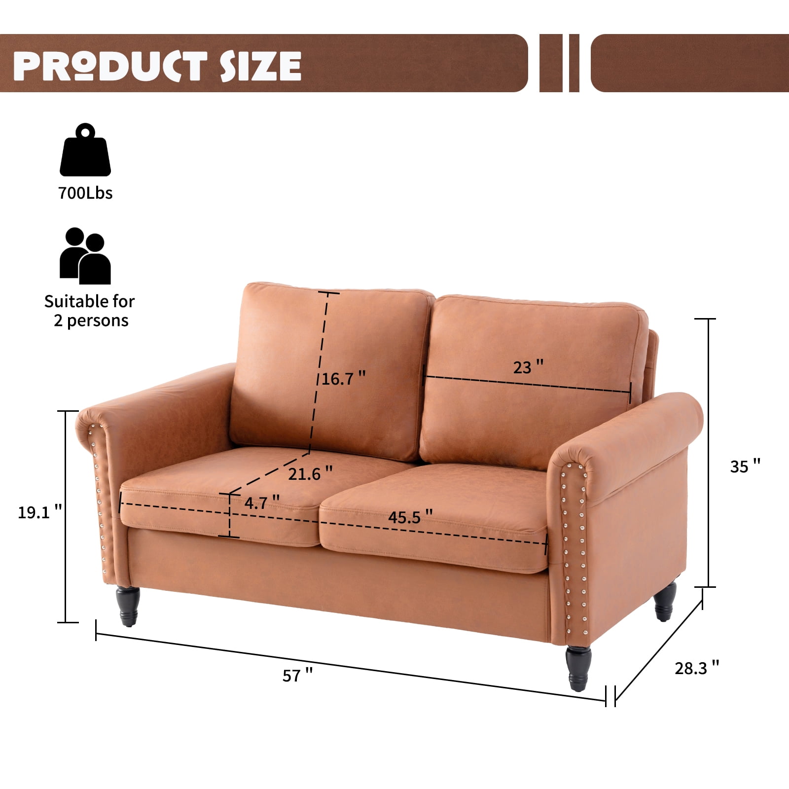 57 Loveseat Sofa,2 Seat Couch with Faux Leather Fabric,Small Couches for Small Spaces with Solid Wood Legs,Comfy Love Seat Sofa for Living Room,Bedroom,Apartment