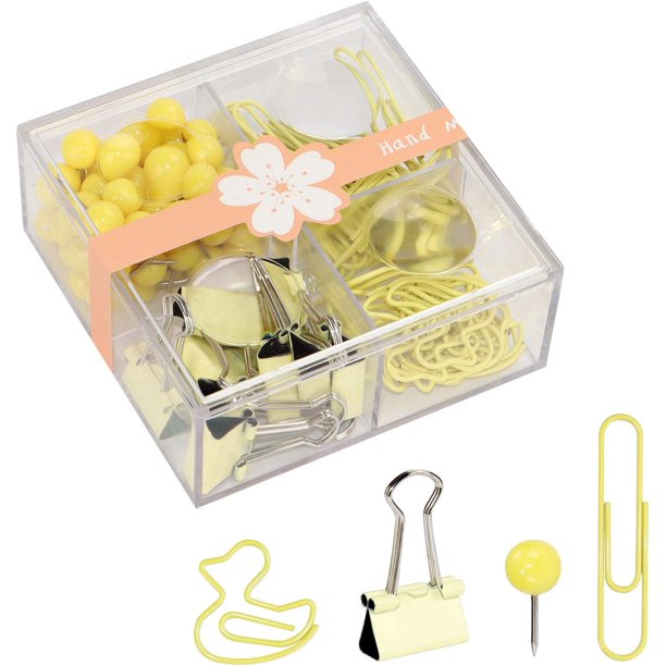 Chinchetas para pulgar, clips para papel, clips para carpetas, chinchetas, juego de clips de metal de varios tamaños en soporte de plástico, accesorios decorativos para escritorio