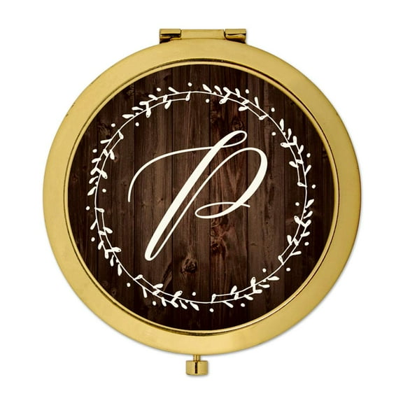 Koyal Wholesale Gold Compact Mirror Bridesmaid's Wedding Gift, Rustic Wood with Laurels, Monogram Letter P, 1-Pack