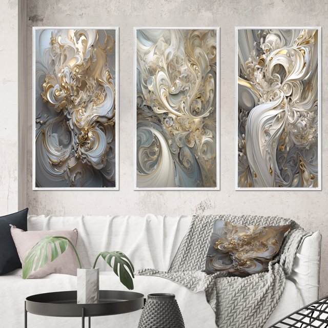 Designart "Retro Whirl in Gold and White II" Fractals Framed Wall Art Set Of 3 - Gold Transitional Frame Canvas Set For Living Room Decor