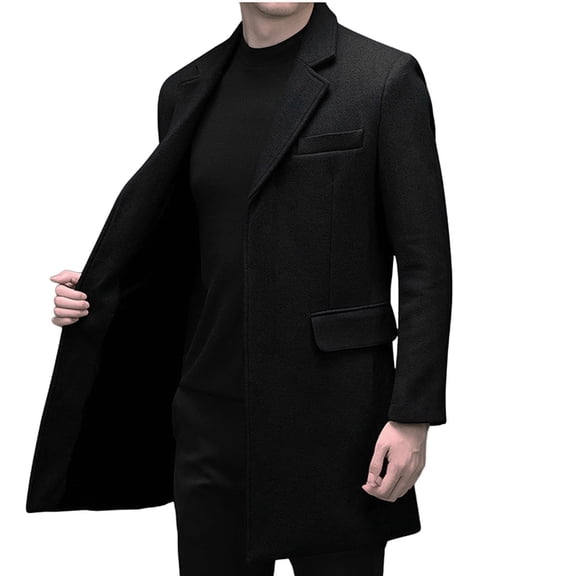 qucoqpe Men's 2025 Winter Fashion Solid Lapel Pea Coats Long Sleeve Button Up Windproof Mid Length Cardigan Jacket with Flap Pockets