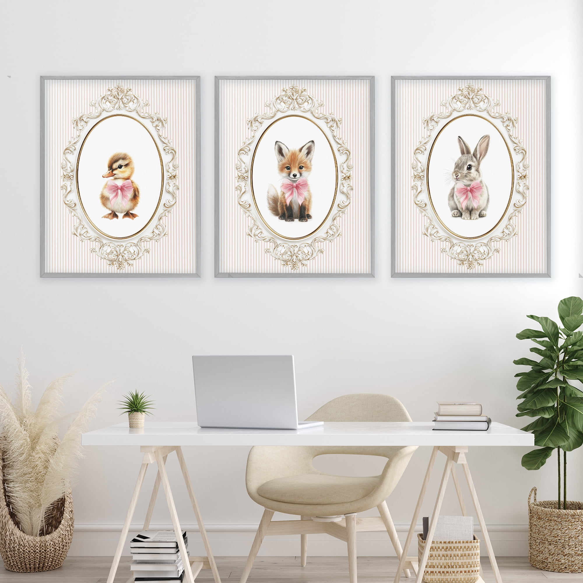 Stupell Industries Vintage Animals with Ornate Design 3 Piece Gray Framed Giclee Art Set, design by Christine Simpson Art