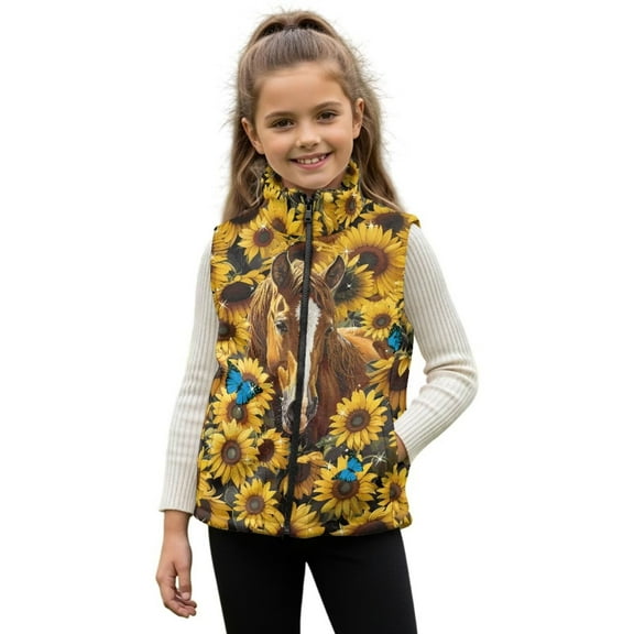 Pzuqiu Horse Sleeveless Vests 2T Toddler Girl Clothes Polyester Comfortable Vest Zip Up Sleeveless for Girl Personalized Warm Soft Outerwear Jacket with Pockets for Daily Life