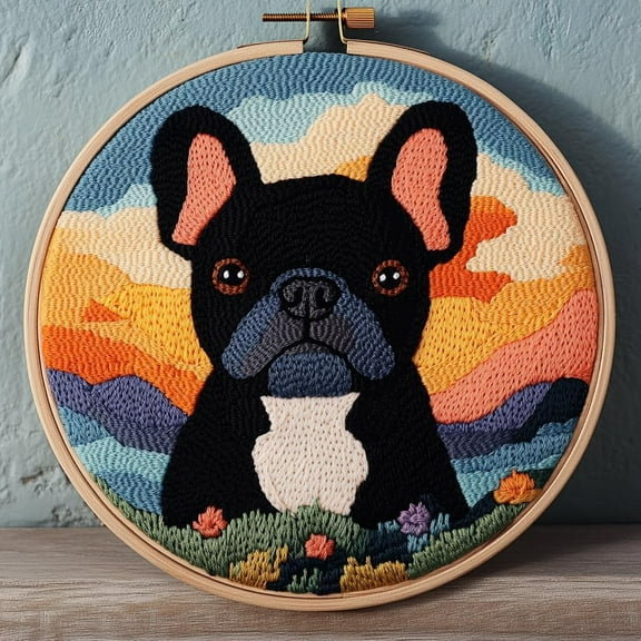DIY Punch Needle Kits for Beginners Cute Black French Bulldog with Sunset with Hoop Embroidery Punch Needle Starter Craft Set Easy for Adults and Children Festival Gift and Decoration 20x20cm-7