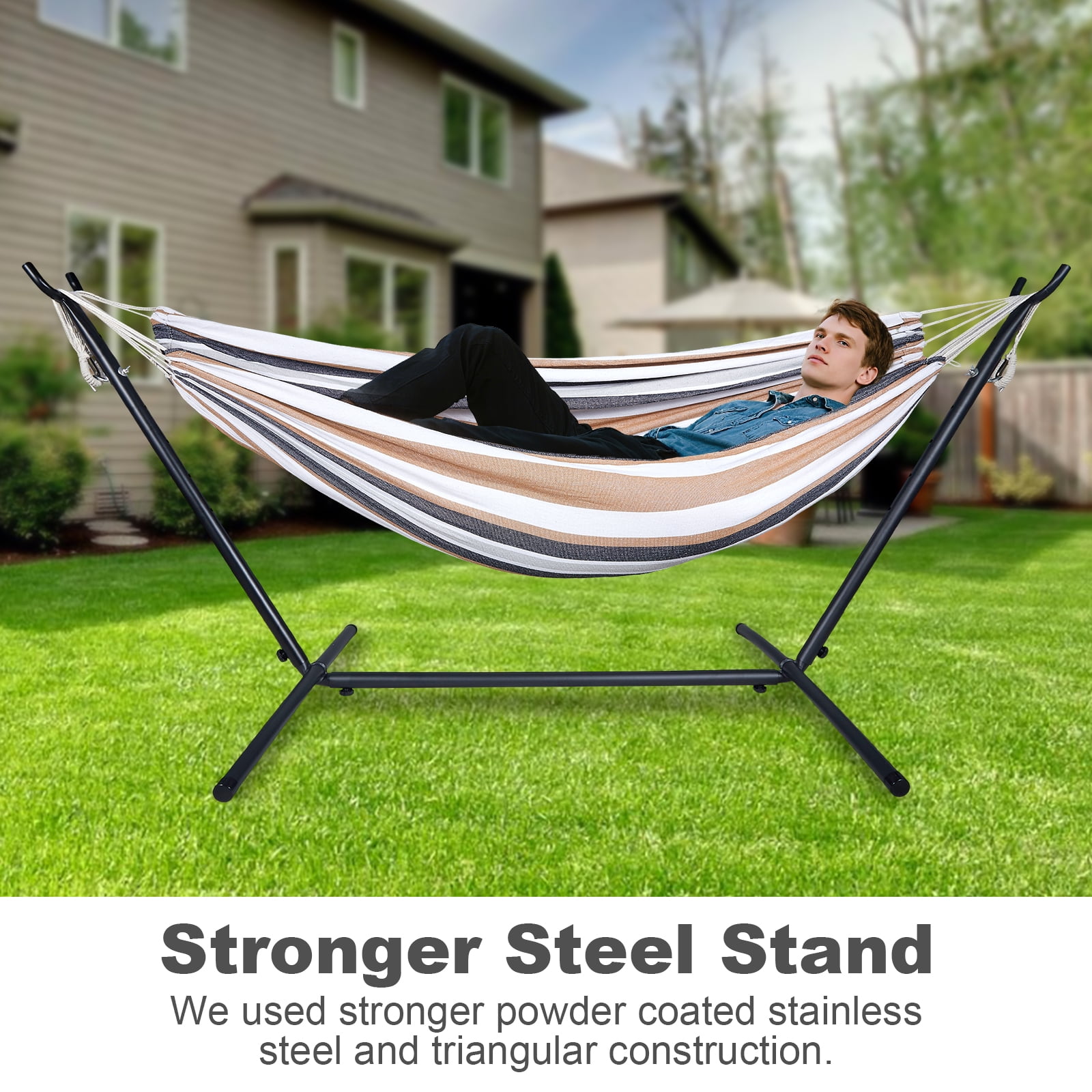 Double Hammock with Stand Sturdy 440lbs Capacity Hammock for Camping Outside Garden Outdoor Indoor Patio Backyard, Brown