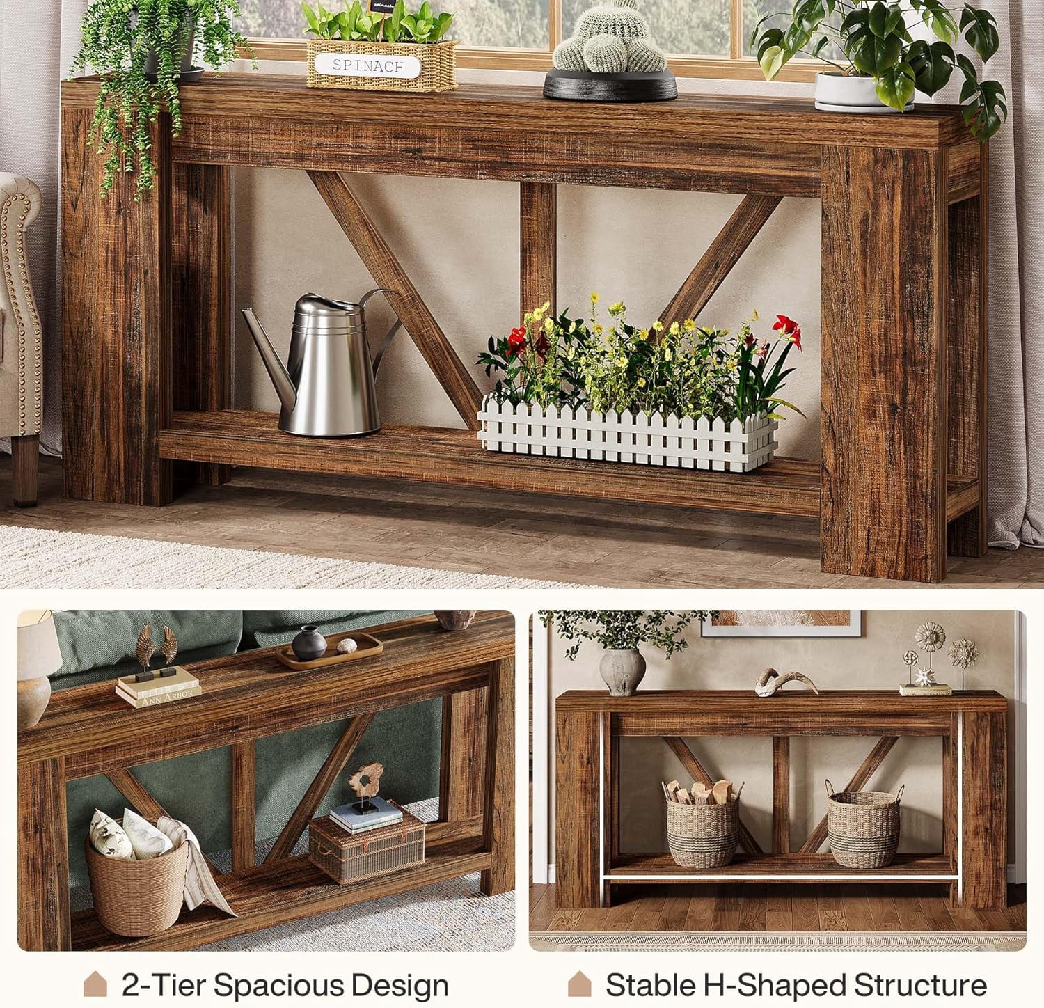 Finmind 70.9-Inch Extra Long Console Table with Storage for Entryway, Hallway, Foyer, Living Room, Brown