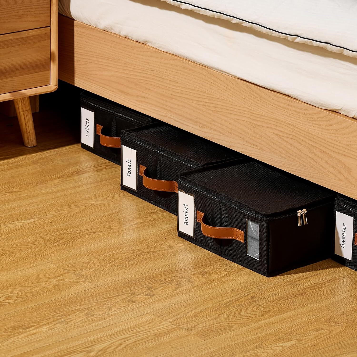 VOZOGO 8 Pack Bed Sheet Organizers and Storage,Sturdy Foldable Closet Storage Containers with Window and Label,Bedding Holder for Sheet Set (King/Queen Sizes),Duvet Covers,Blankets,Black