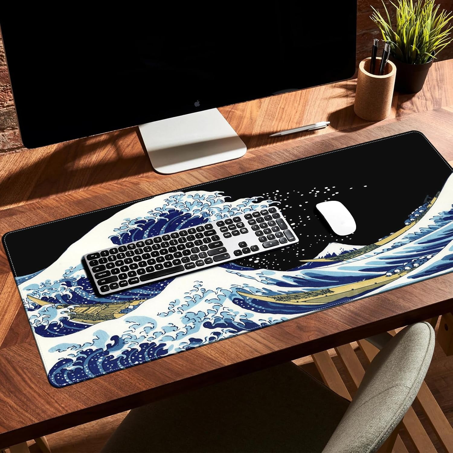 Felt Desk Mat, Japanese Sea Wave Large Mouse Pad, No Bad Smell Felt Mouse Pad with Stitched Edges, 3mm Thick 35.4x15.7 inch Felt Desk Pad Mat, Black Mouse Pad for Gaming Work, Blue
