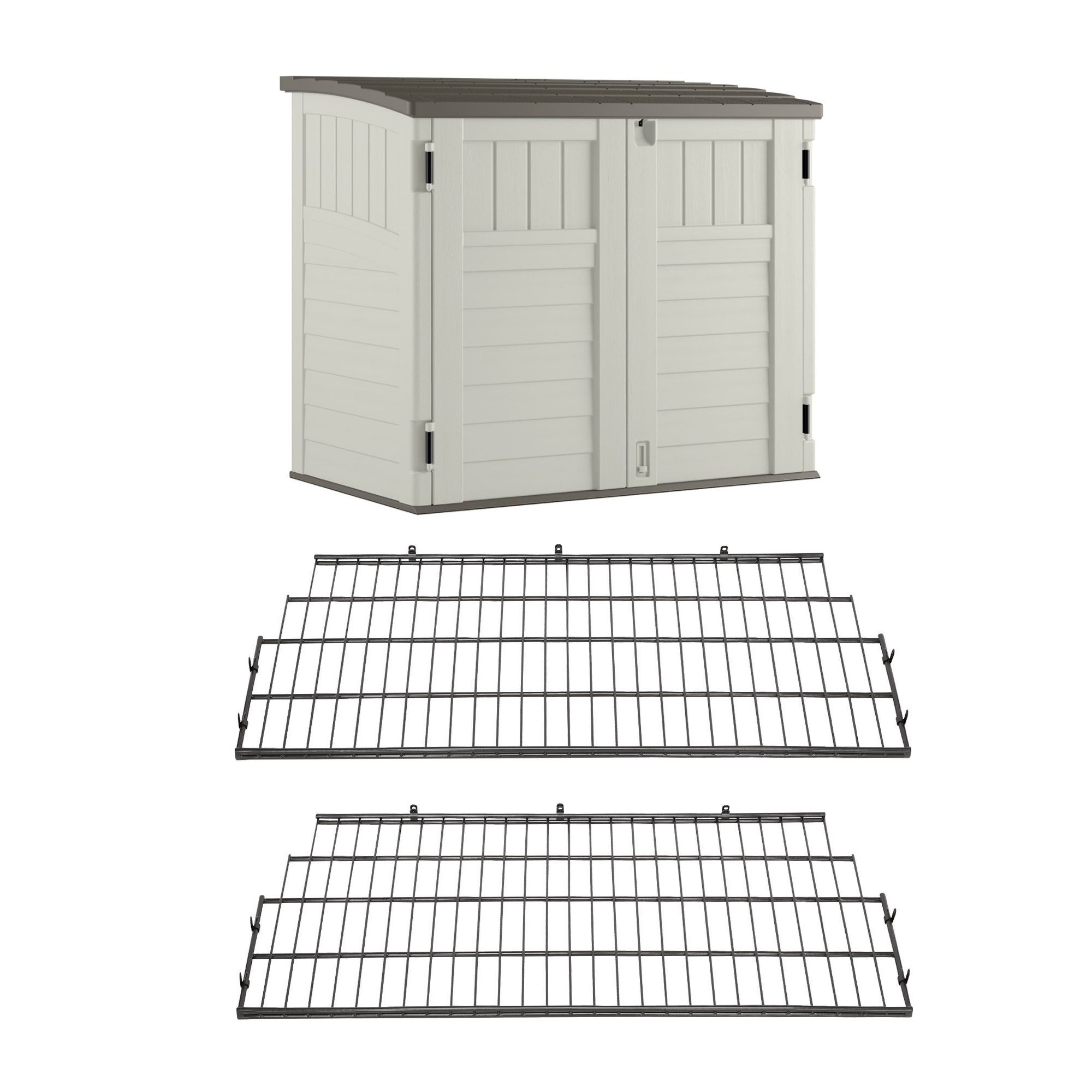 Suncast Horizontal Stow Away Storage Shed and Vertical Metal Wire Shelf