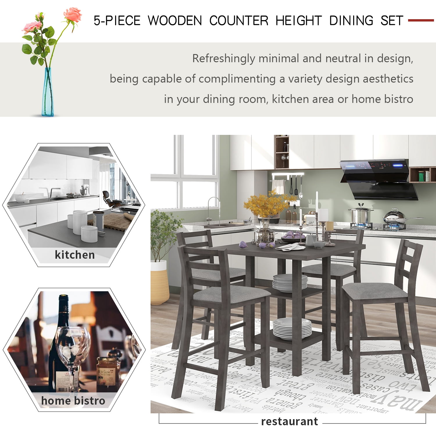 Euroco 5-Piece Counter Height Dining Table Set for 4,Wood Dining Table with 4  High Back Chairs & Open Storage Shelves,Kitchen Table Set for Small Space