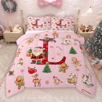 Manfei Christmas Monogrammed L Bedding Comforter Set for Kids, Xmas Tree Reindeer Twin Comforter Sets, Funny Santa Claus Reversible Bedding Set, Breathable Home Decor, 2-Piece