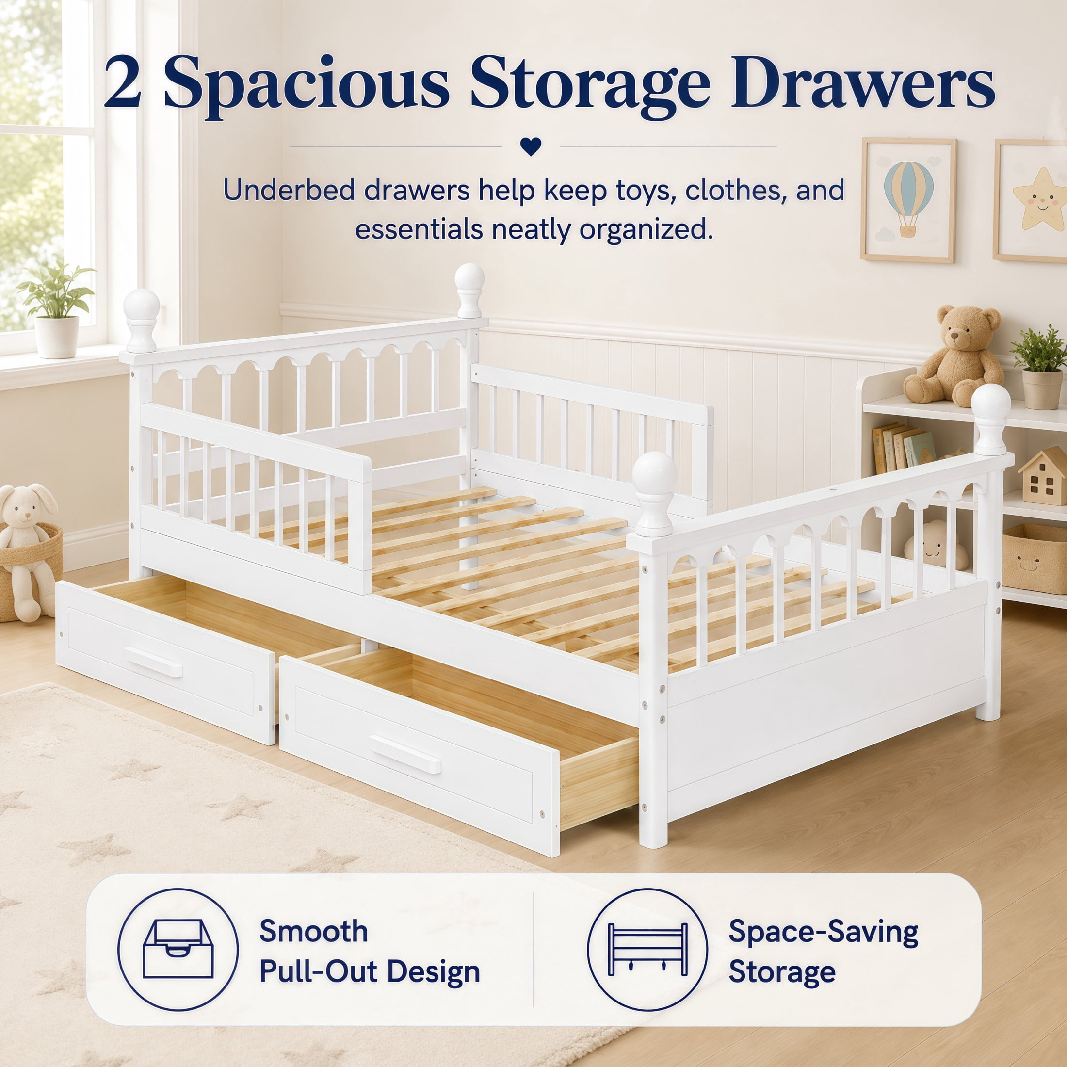 Noble House Orielle Full Kids Bed Frame with Storage Drawers, Low-Profile Platform Bed with Safety Guardrails, White