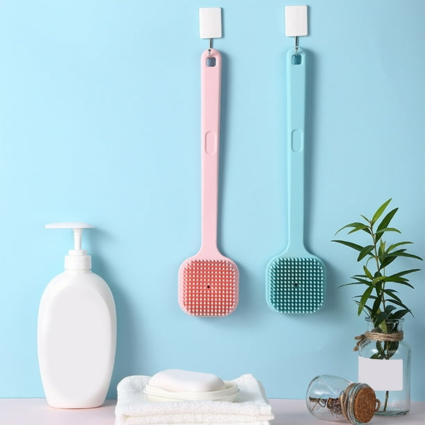 Cepillo de baño con mango largo de silicona | Exfoliante para la espalda con agarre antideslizante | Cerdas medianamente firmes para exfoliar, masajear y limpiar en la ducha | Mango extendido de 14