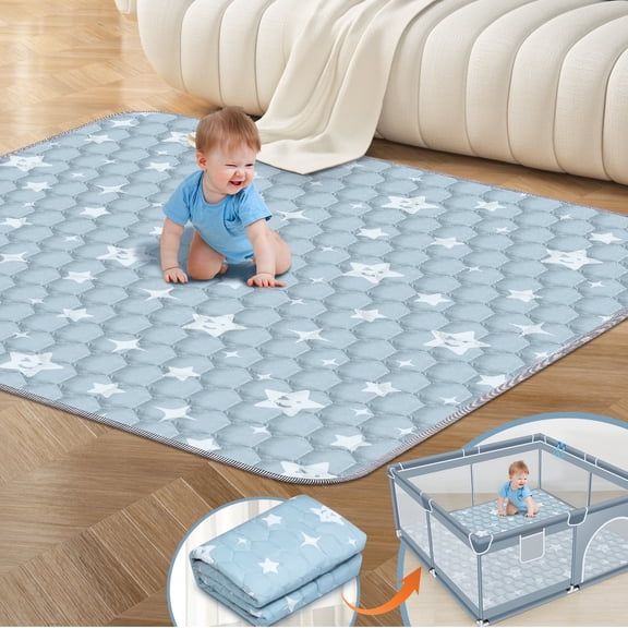 Foldable Baby Play Mat 50in*50in, HDJ Baby Mat for Floor Playpen, Portable Crawling Mat for Babies Toddlers Infants, Blue