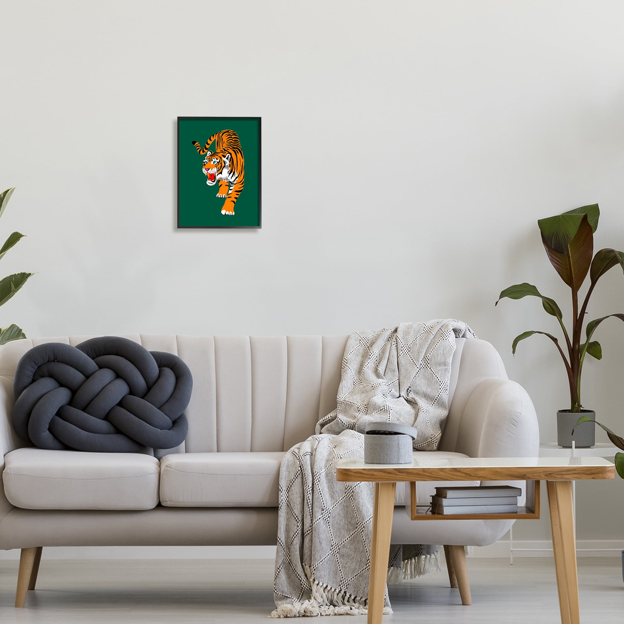 Stupell Industries Roaring Tiger on Green Animals & Insects Painting Black Framed Art Print Wall Art, 11 x 14