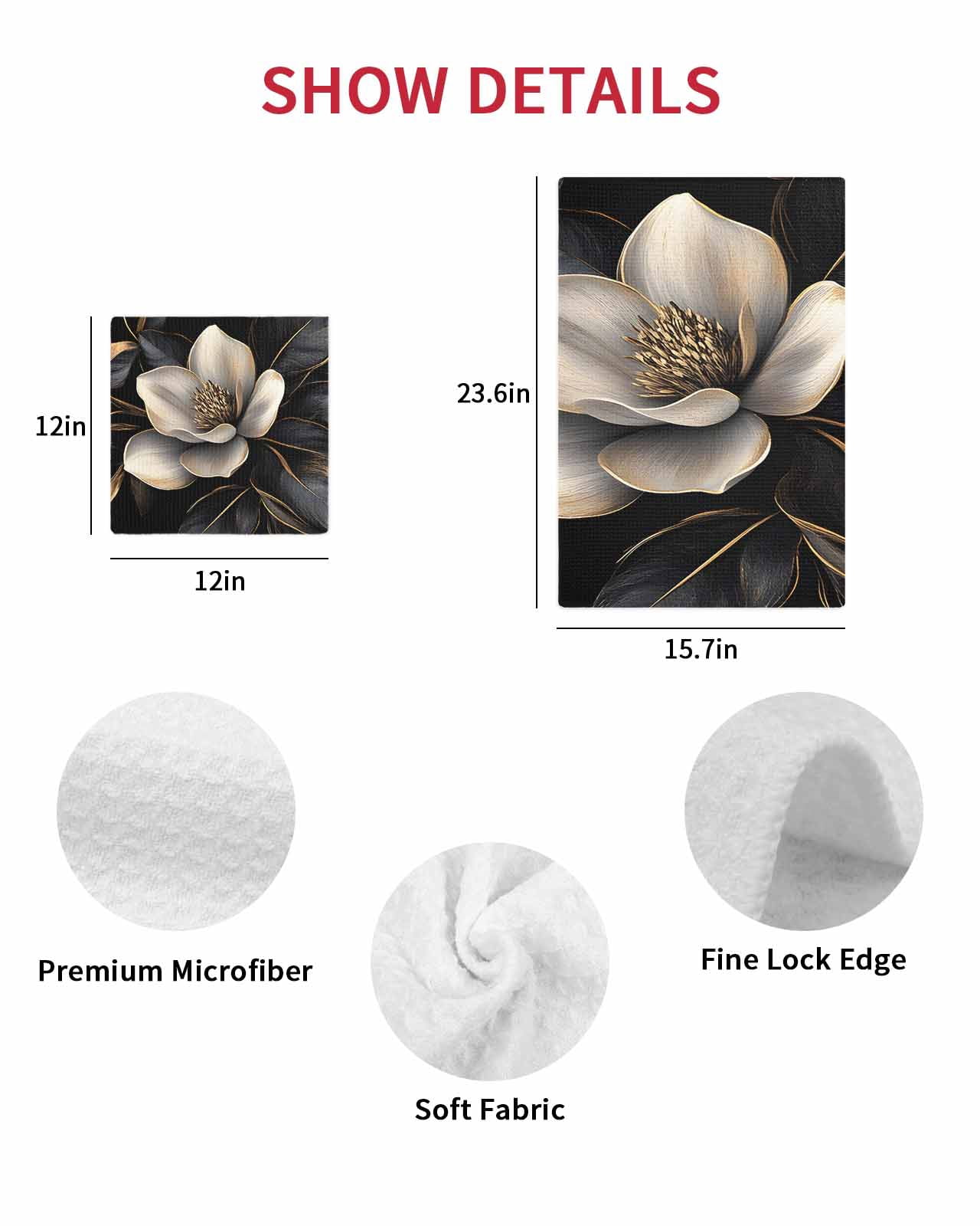 Black Gold Flower Hand Towels Set,Waffle Weave Kitchen Towels 2 Pieces,Microfiber Hair Face Bath Tea Towel Absorbent Quick Drying Cleaning Dish Cloths,Gradient Luxurious Floral Botanical 15.7"x23.6"