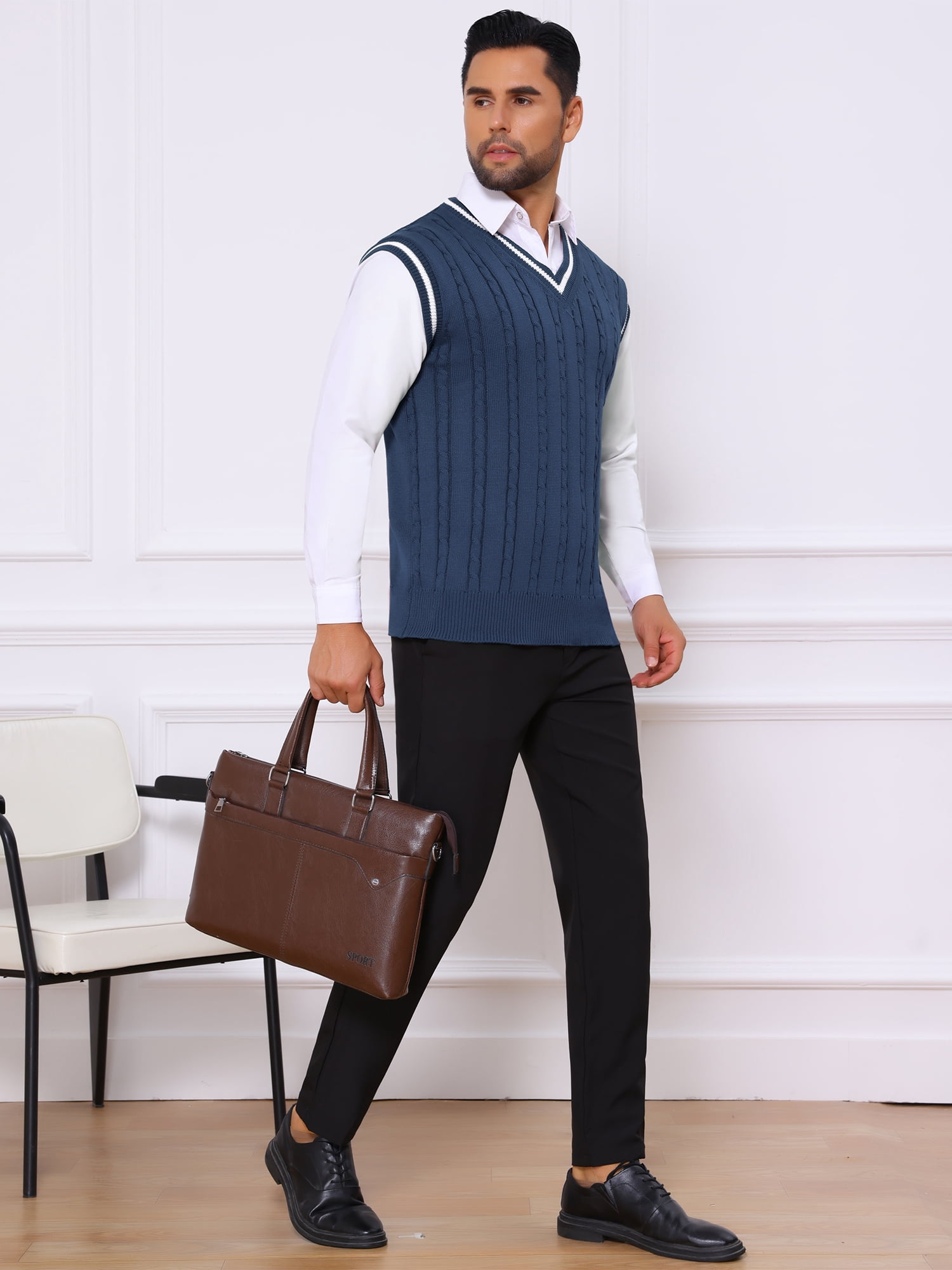 DARING DIVA Men's Solid Color V-Neck Sleeveless Cable Knitted Sweater Vest XL Navy Blue