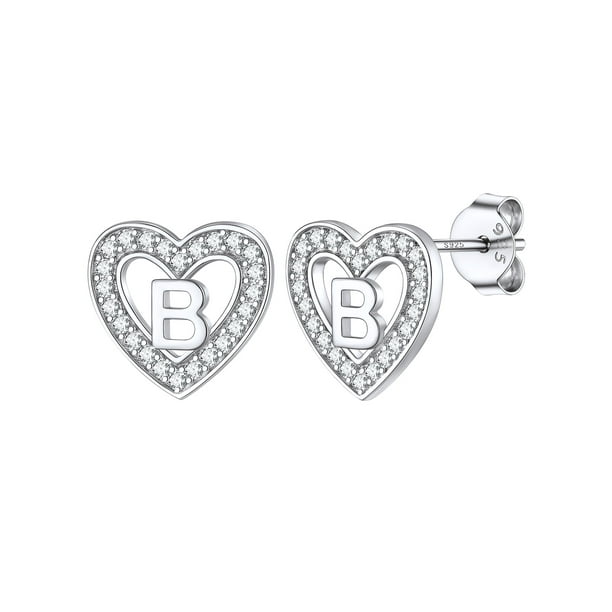 Pendientes de botón de corazón Silvora plata esterlina letra B con Zirconia cúbica