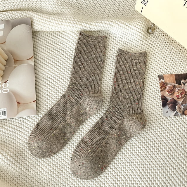 Xiao Hua 3 pares de calcetines de lana de otoño e invierno con hilo de puntos marrones, calcetines de cuello redondo cálidos e informales, cómodos para el uso diario en climas fríos, talla única