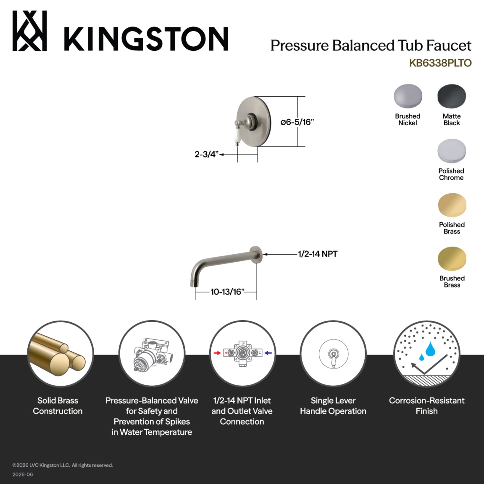 Kingston Brass KB6338PLTO Victorian Single-Handle Pressure Balanced Tub Faucet in Brushed Nickel