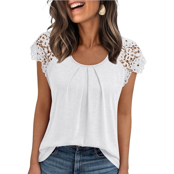 Womens Lace Tops Pleated Short Sleeve Shirts Summer Business Casual Dressy Blouses White XL