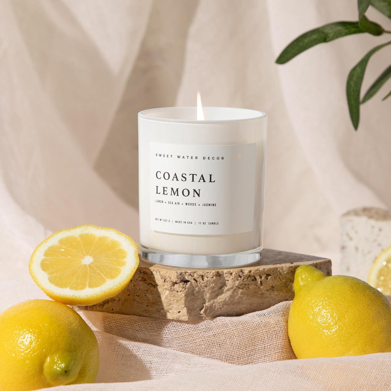 Coastal Lemon Scented Candles - Soy Candles with Lemon, Sea Salt, & Driftwood for Home Decor - Candle Wax with 50 Hours Burn Time - 11Oz Wood Lid White Jar Candles for Home Scented