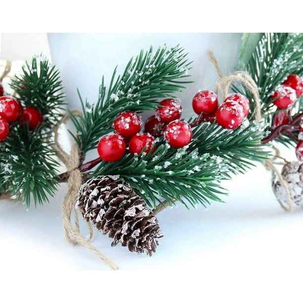 Red Berry Stems Pine Branches Evergreen Christmas Berries Décor 8 PCS  Artificial Pine Cones Branch Craft Wreath Pick & Winter Holiday Floral Picks  Holly Stem for Decoration DIY Garland Crafts 
