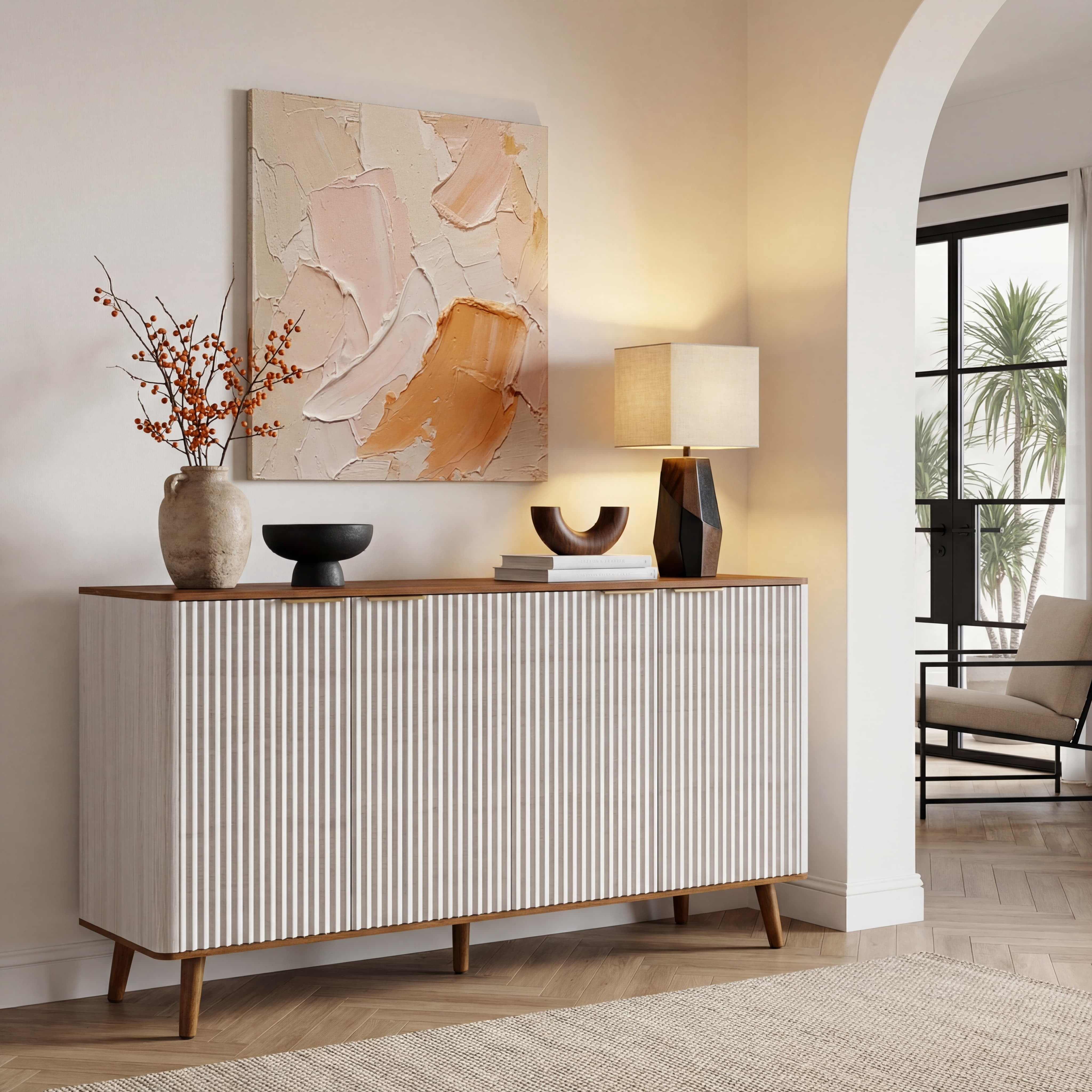 TrumanPick Fluted Sideboard Buffet Cabinet with Adjustable Shelves, Mid-Century Modern 4-Door Credenza for Dining Room Kitchen Living Room, Beige&Walnut 47.5" W x 16" D x 34" H