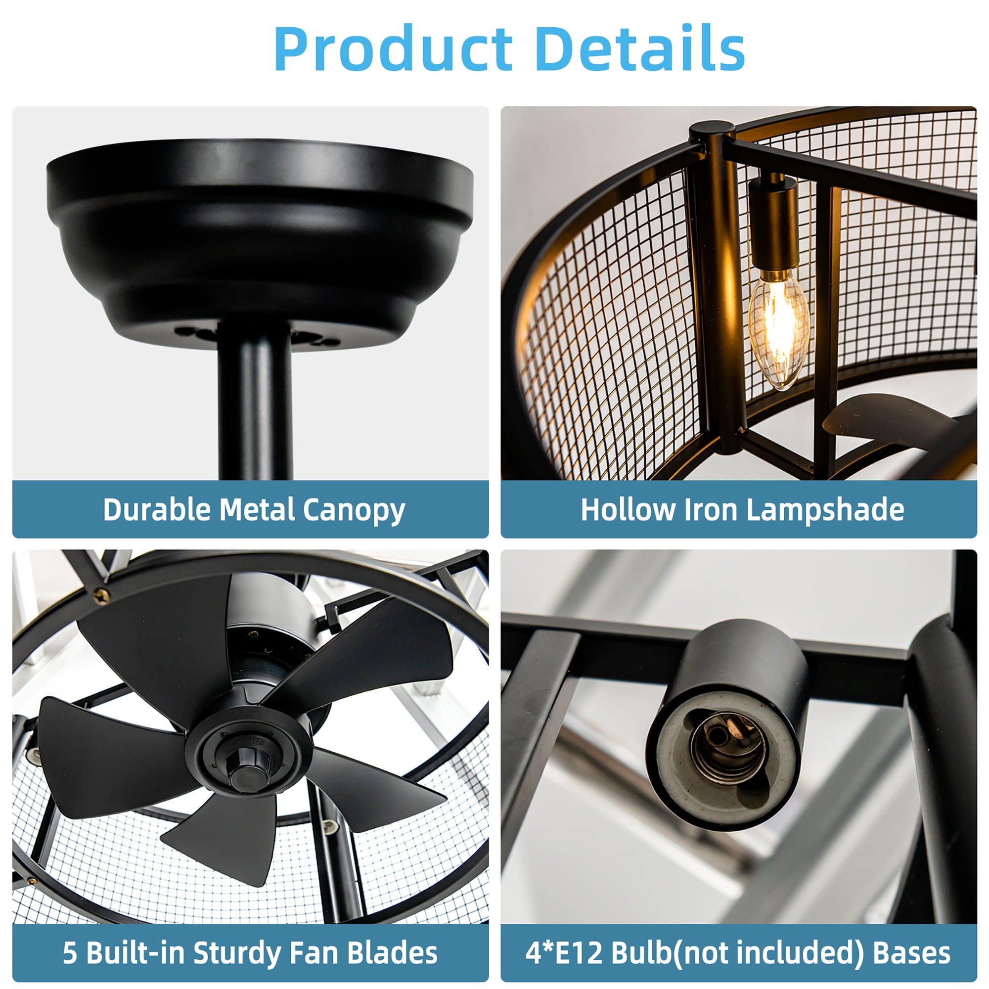 20'' Caged Bladeless Ceiling Fan with Light Reversible Motor & Remote Control