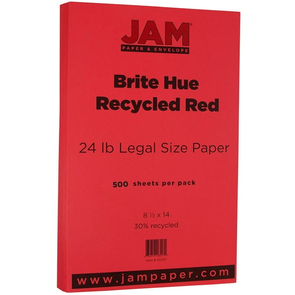 JAM Paper Legal Paper, 8.5x14, 24lb Red, 100 per Pack