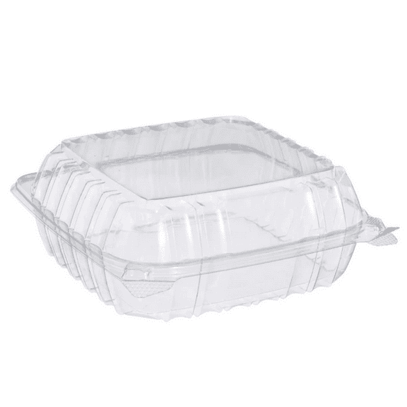 VeZee Model # C90PST1| 8 .25"X8.25" X3" ClearSeal Hinged Lid Plastic Container Use for Take-out/to-Go Food, Sandwiches, Cake, Salad:250CT
