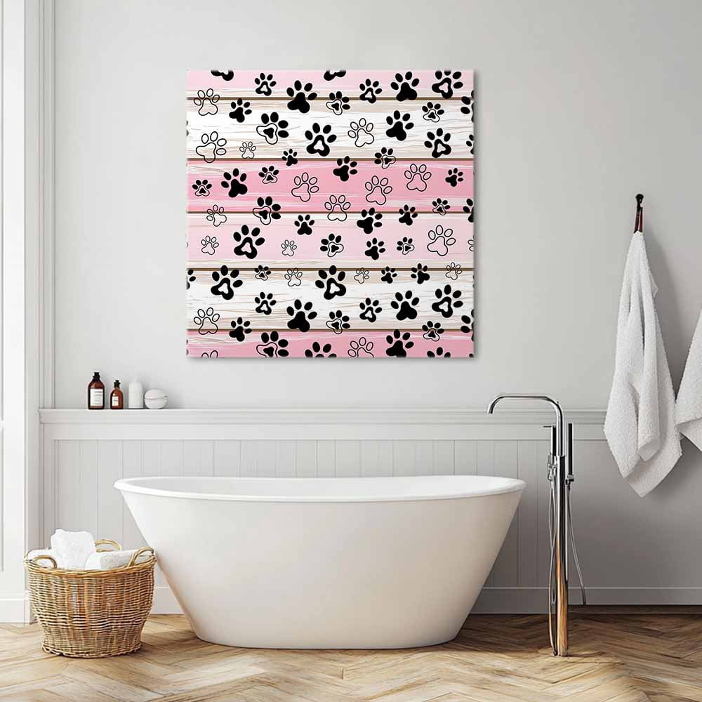 Dog Paw Canvas Wall Art, Pink Wood Grain Farmhouse Vintage Board Framed Wall Decor Modern Artwork Prints Painting for Living Room, Bedroom, Kitchen & Cafe Decor 16x16 Inch