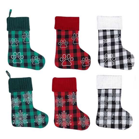 Christmas Black/Red/Green/White Buffalo Plaid Stockings,17 Inches Burlap Large Plaid Stockings ,Classic Christmas Stockings Decorations for Fireplace Hanging and Holiday Décor(Paw print,Snowflake)