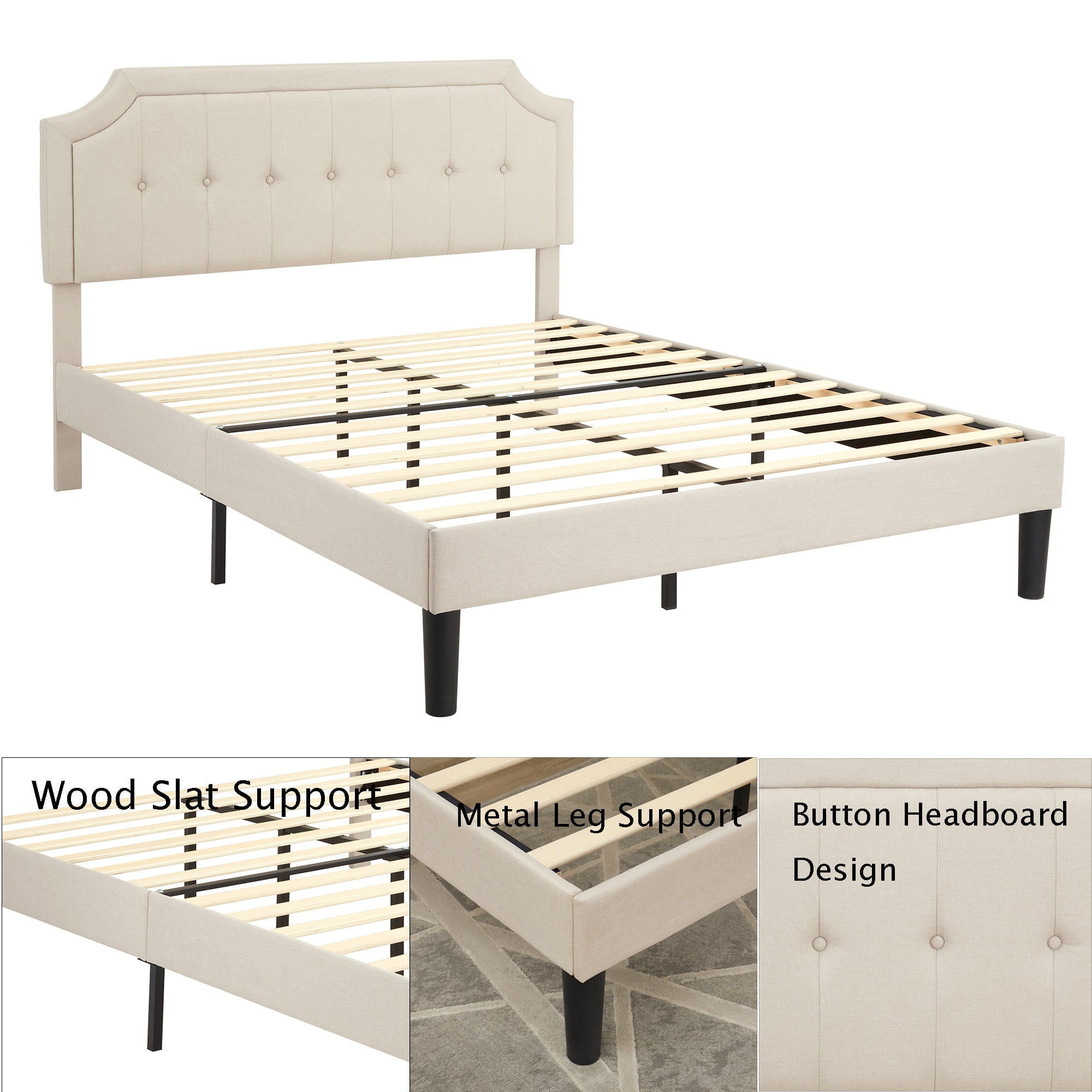 Javlergo Full Size Bed Frame with Upholstered Adjustable Diamond Stitched Panel Headboard, Wood Slat Support/Easy Assembly, Beige