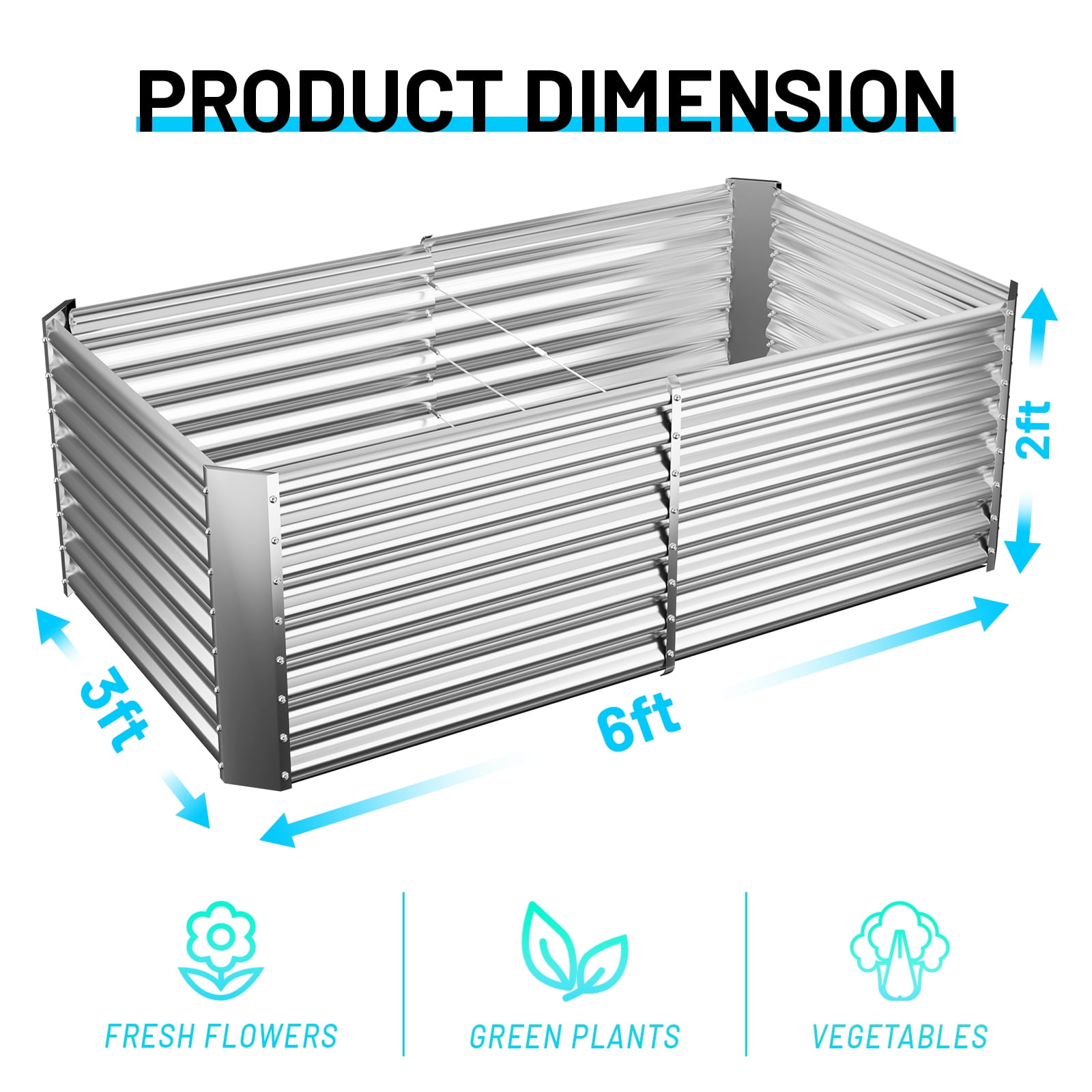 Land Guard 3PS Galvanized Metal Raised Garden Bed 6x3x2 ft, 2FT Deep Root Elevated Planter Box Steel Large Vegetable Flower Bed Kit(Silver)