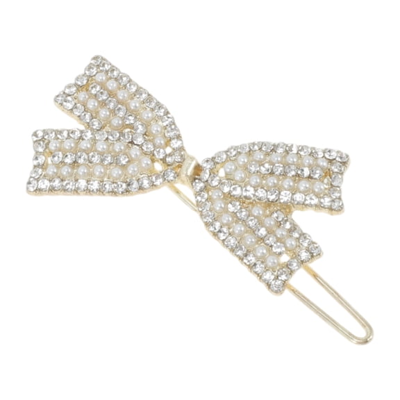 Unique Bargains 1 Pc Hair Clips Grace Pearl Rhinestone Bow Buckle Clip Hairdo Clip Gold Tone White