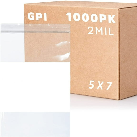 GPI - Case of 1000 5" x 7" CLEAR PLASTIC RECLOSABLE ZIP BAGS - Bulk 2 mil Thick Strong & Durable Poly Baggies With Resealable Zipper Top Lock & write-on white block, for storage, packaging & shipping