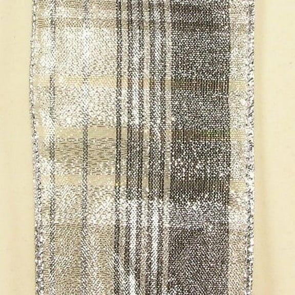 The Ribbon People Semi Sheer Metallic Silver Plaid Print Wired Craft Ribbon 5" x 20 Yards