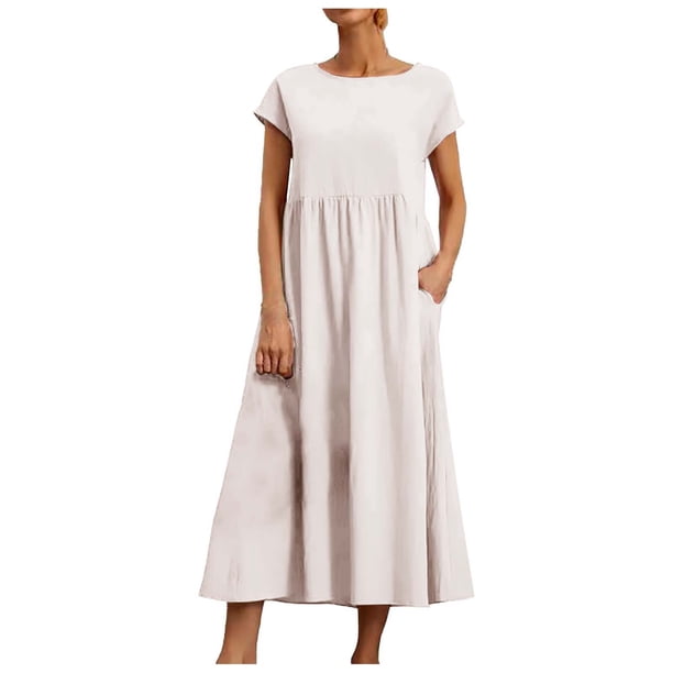 Vestido informal de lino sin mangas para mujer con bolsillos - Vestido midi de verano holgado con cuello redondo