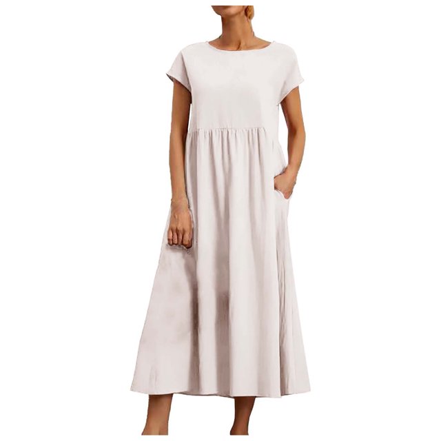 Vestido informal de lino sin mangas para mujer con bolsillos - Vestido midi de verano holgado con cuello redondo
