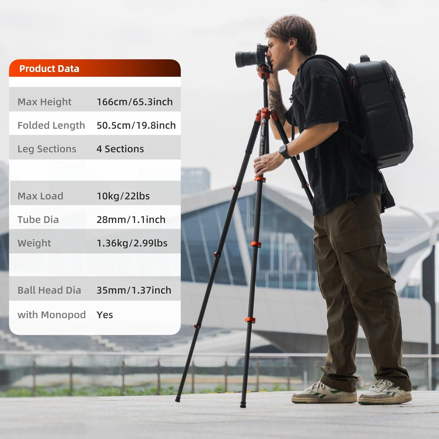Fotopro X-Airfly Max 65.4" Carbon Fiber Ball Head Tripod, Detachable Monopod, Lightweight Compact Camera Tripod Stand for Travel, Low Angel Shooting, Hidden Phone Clip, Max Load 22 lbs, Orange
