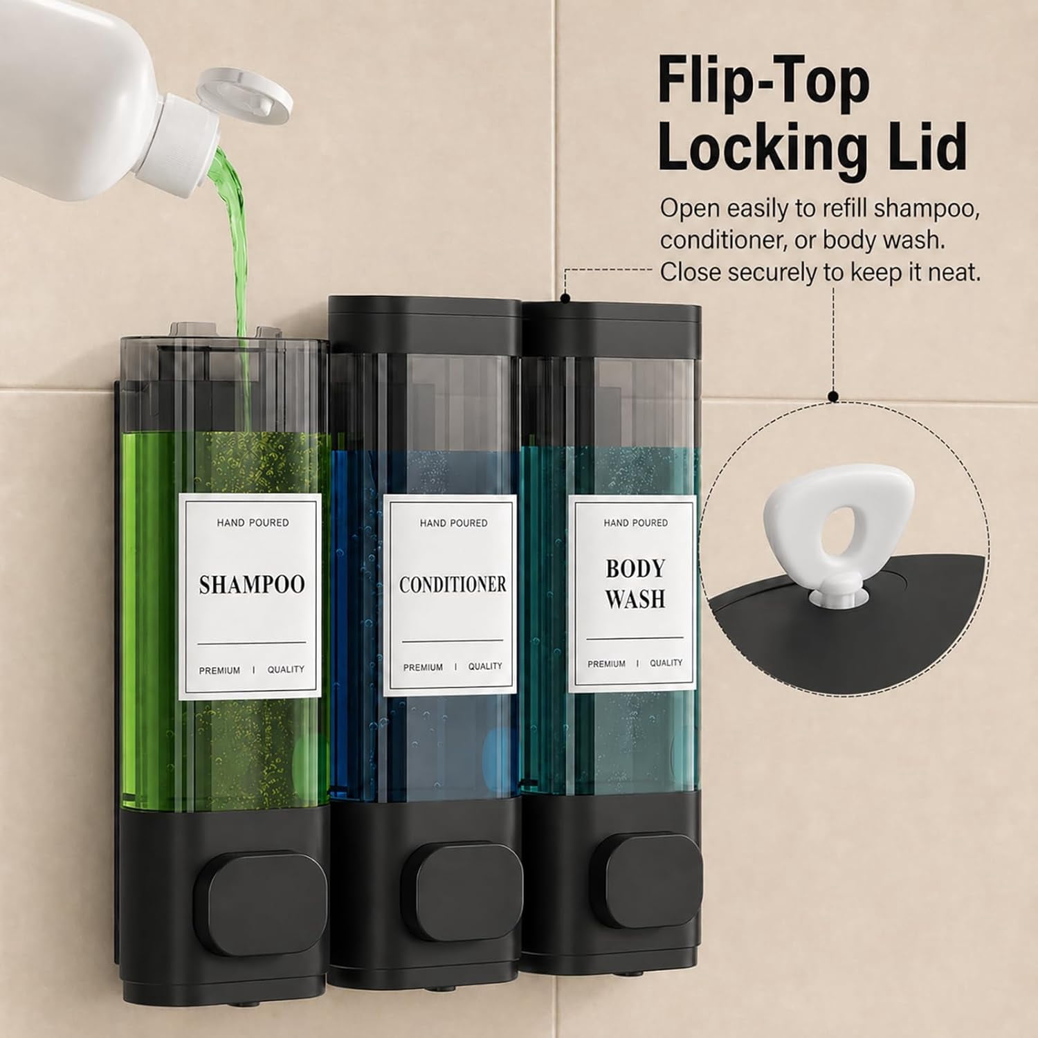 Shampoo and Conditioner Dispenser – Wall-Mounted Shower Soap Dispenser, No-Drill Installation, Lockable, 900 ml Capacity,for Bathroom & Hotel or Airbnb