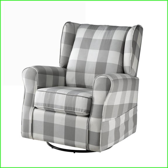 Traditional Grey & White Checkerboard Plaid Swivel Glider Chair with Rolled Arm | Grey | Wood Fabric