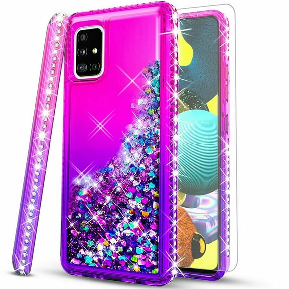 Starshop Case for Samsung Galaxy S22 Plus,  Glass Screen Protector, Liquid Glitter Quicksand Bling Diamond -Pink/Purple