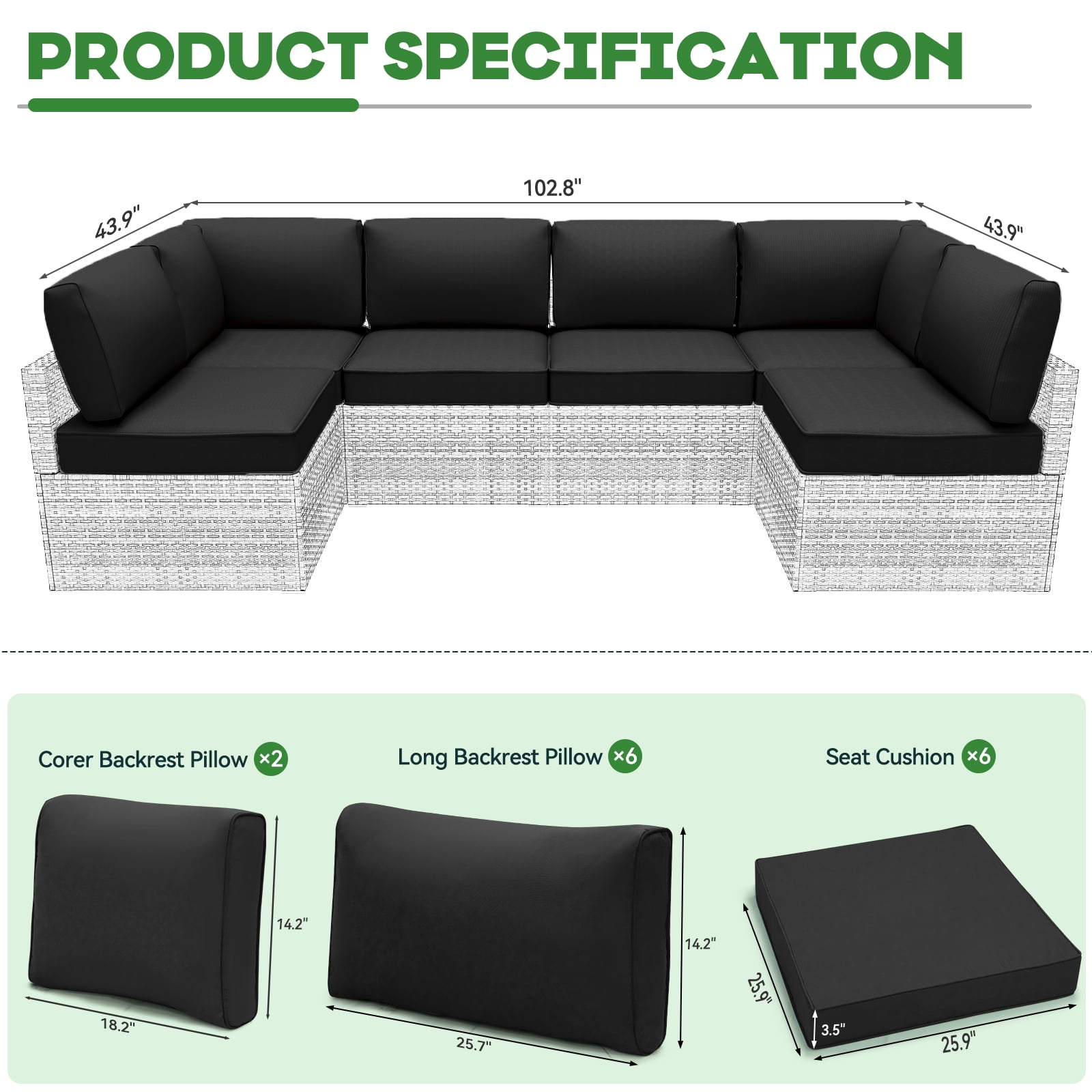 Yalissey Outdoor Replacement Cushions for Patio Furniture,Water-Resistant Sofa Cushions for Rattan Wicker Sectional Patio Conversation Sets,14-Piece Outdoor Couch Cushions Patio Sofa,Black