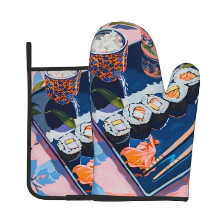 

Jgfou Colorful Sushi Food Art Pattern Oven Mitts and Pot Holders Sets Heat Resistant Oven Mittens Soft Lining Extra Thicken Long Kitchen Cotton Oven Glove for Cooking