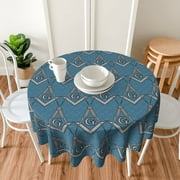 TEQUAN 60" Round Tablecloth, Blue Masonic Freemason Symbol Pattern Washable Polyester Table Cloth, Waterproof Wrinkle Resistant Decorative Table Cover