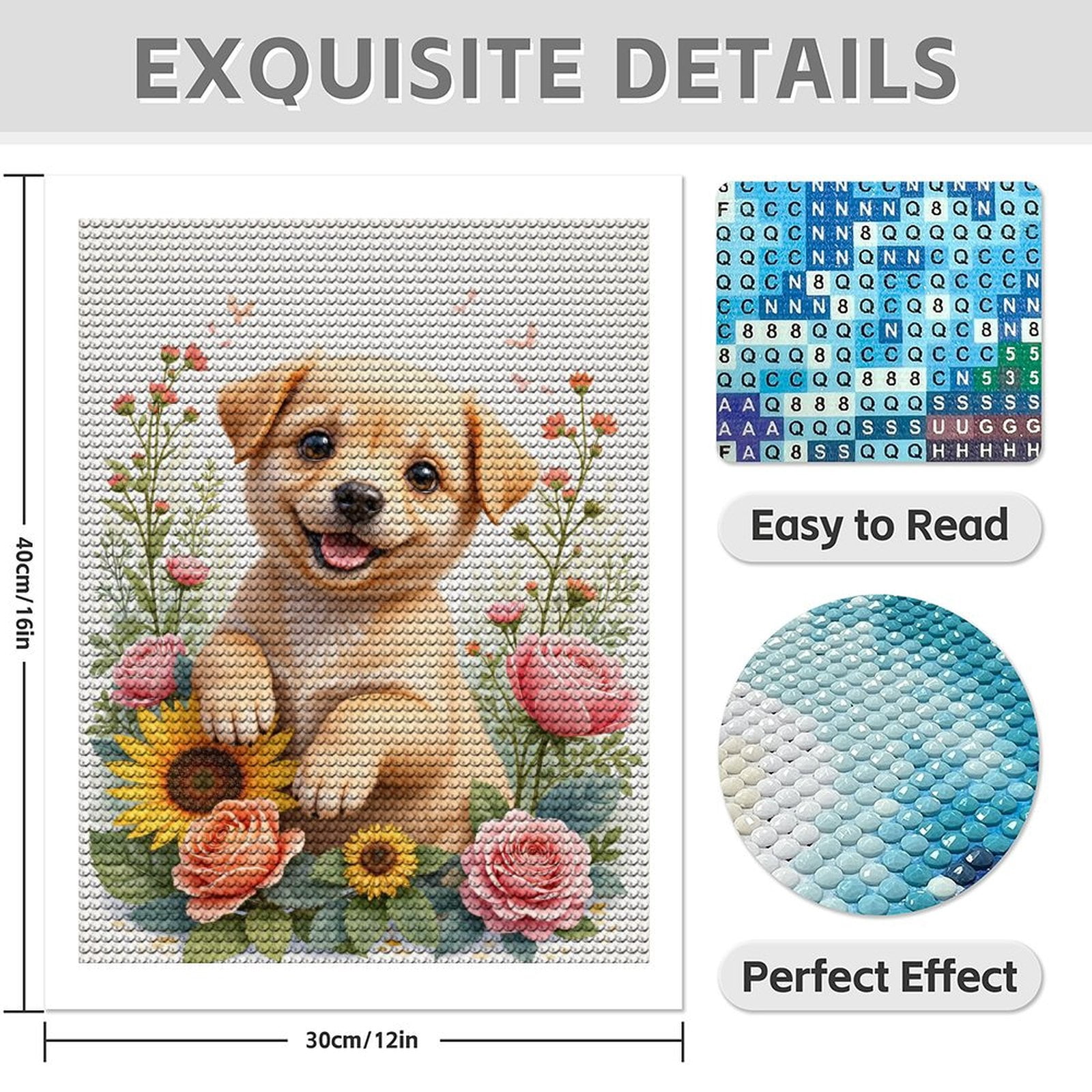Diamond Art Kit for Adults, Adorable Puppy Floral Delight Diamond Painting for Adults Beginners, 5D DIY Diamond Art Painting Kits, Colorful Diamond Painting Craft for Home Decor 12x16